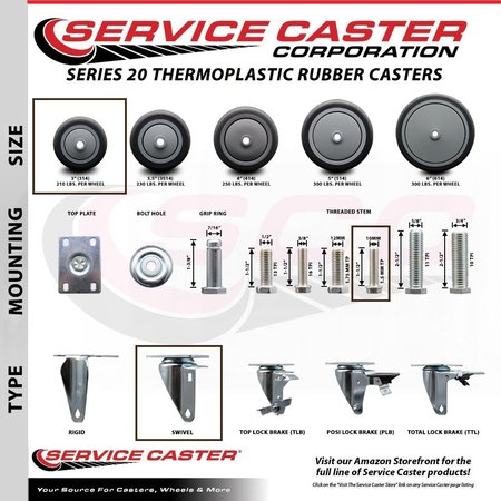 Service Caster 3 Inch Thermoplastic Rubber 10 MM Threaded Stem Caster Set 2 Brakes SCC SCC-TS20S314-TPRB-M1015-2-PLB-2
